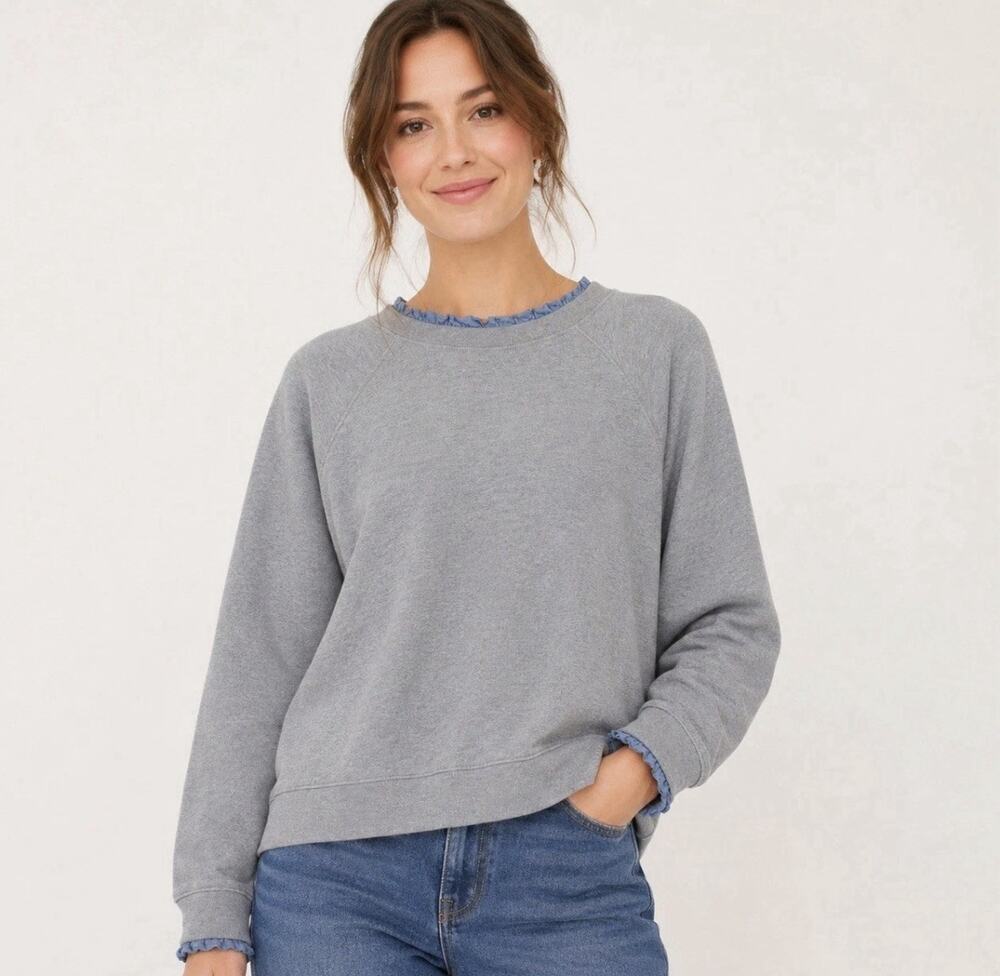 J.Crew Mercantile Woven Ruffle Neck Sweatshirt XS Gray Chambray Blue Back Zip